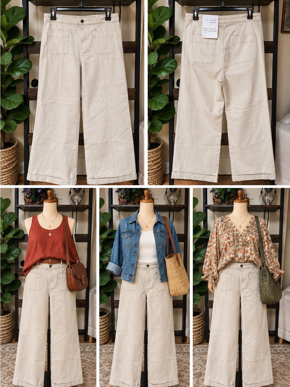 LC Lauren Conrad Cream Wide-Leg Jeans with Front Patch Pockets